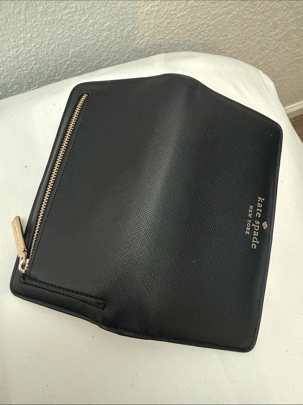 kate spade Black Saffiano Leather Continental Zip Wallet with Gold Logo